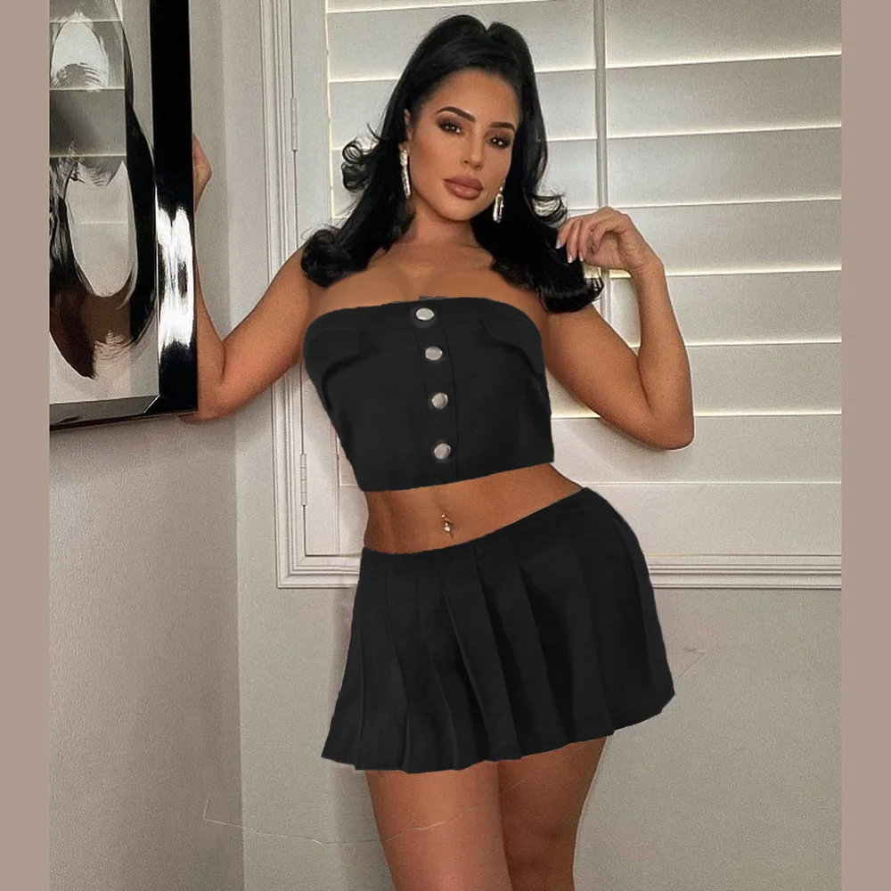 Soild Womens Two Peice Sets 2024 Summer Sexy Strapless Crop Tops Zippered  Pleated Short Skirt Party Club Streetwear
