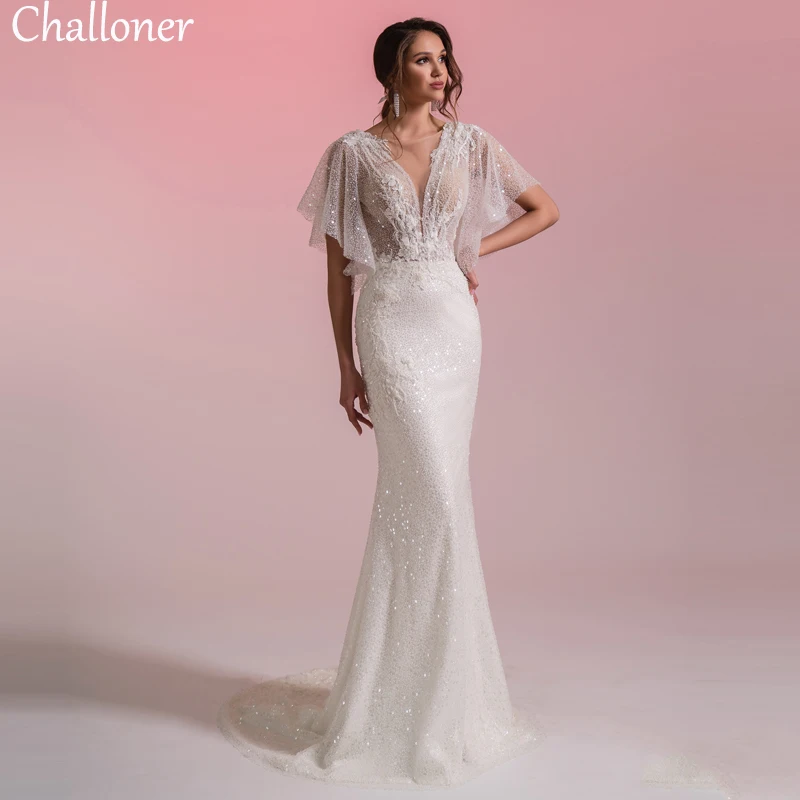 

Challoner Glitter Beaded Sheath Tulle Wedding Dress for Women with Short Batwing Sleeve Vestido de Novia Back Button Bride Gowns