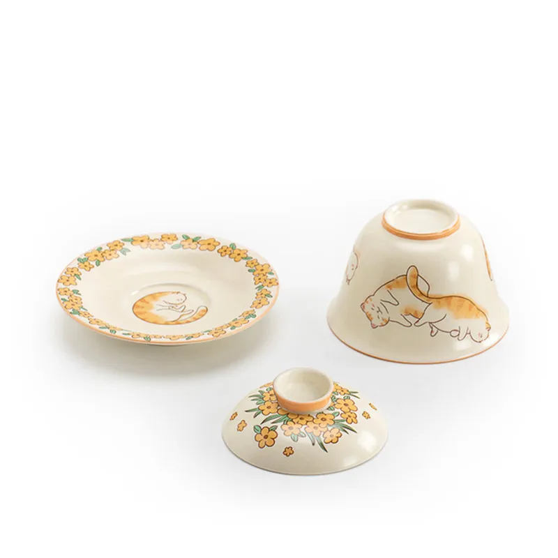 Chinese Hand-painted Cute Cat Gaiwan Handmade Ceramic Tea Tureen Teacup Household Tea Bowl Travel Portable Set Accessories
