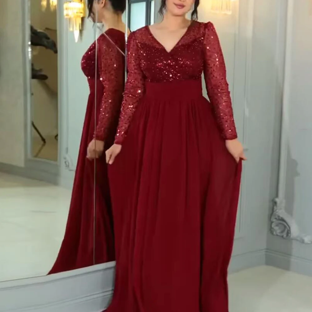 

Burgundy Prom Dresses V-Neck Sequin Beading Full Sleeve Side Split Long Evening Dress Simple Straight Floor-Length Chiffon Gown