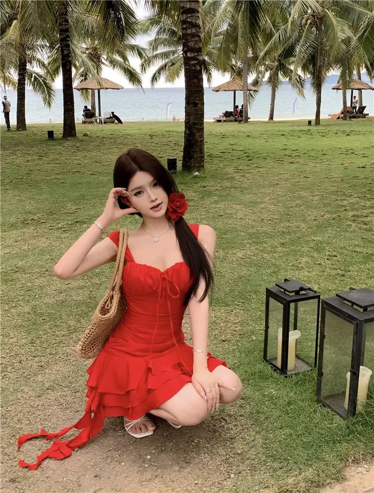 Summer New Holiday Beach Style Short Dresses for Women Spaghetti Strap Ruffles A-line Birthday Party Dress Korean Chic Vestidos
