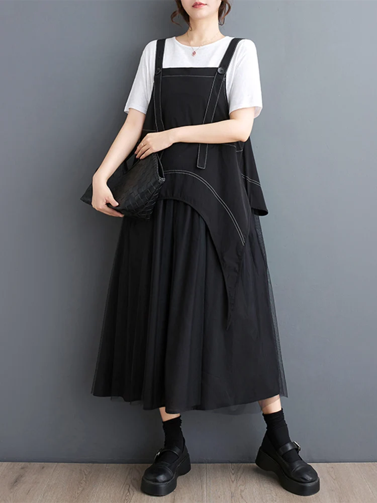 2025 Summer New Sleeveless Patchwork Mesh Strap Dresses For Women Black Vintage Loose Casual Long Dress Fashion Elegant Clothing