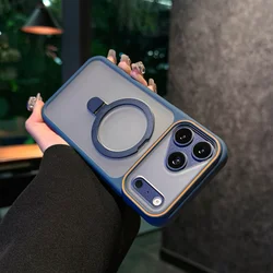 Luxury Matte Defender Metal Magnetic Shockproof Stand Phone Case - Transparent Cover - iPhone 15 Plus (Navy)