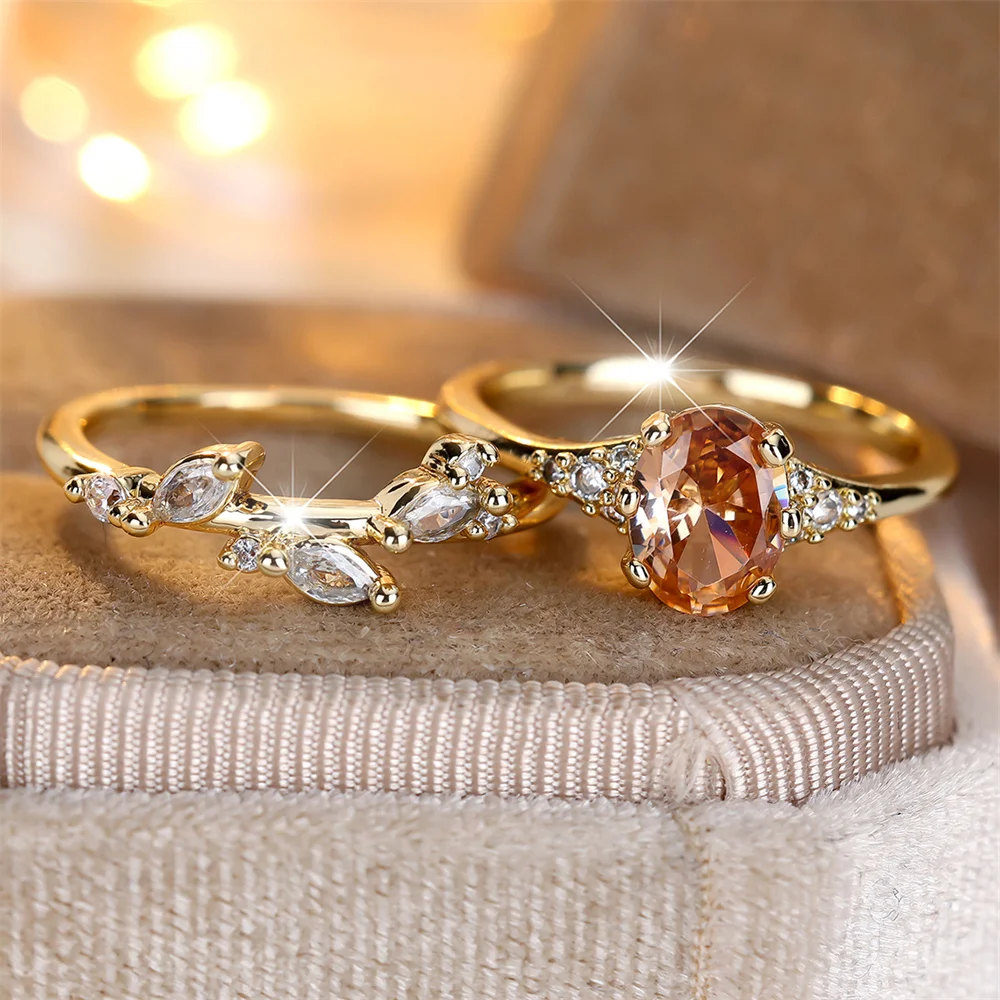 Champagne Crystal Oval Stone Tree Leaf Ring Sets For Women Vintage Gold Color White Zircon Engagement Rings Set Bridal Jewelry