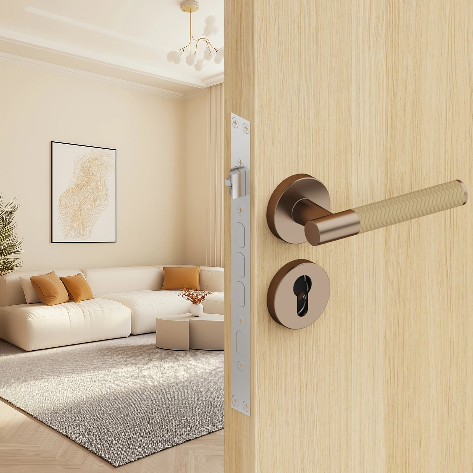 Viladepot Privacy Door Handle Leather Texture Lever Bedroom Bathroom Passage Zinc Alloy Door Lock Without Lock Cylinder