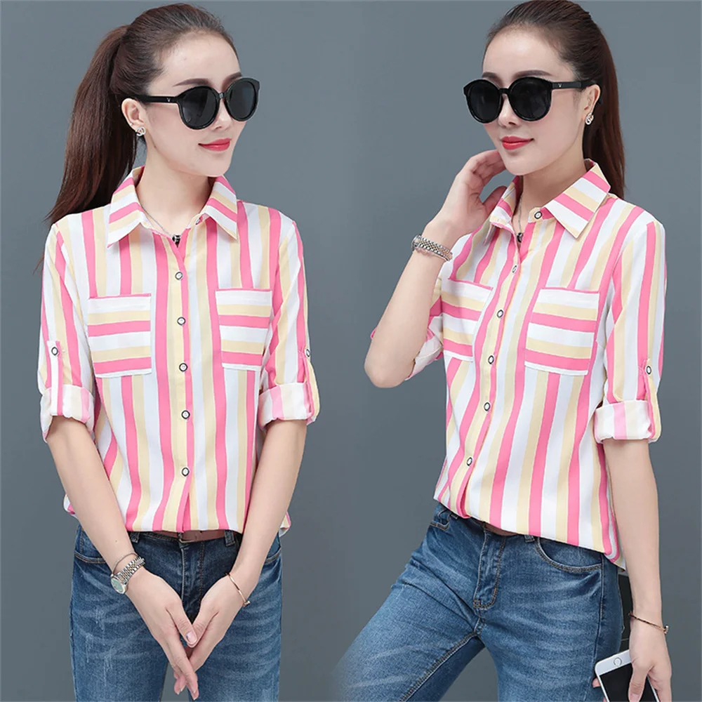 

Korean Striped Print Commuter Business Shirt women Fashion Slim Fitting Anti Peeping Blouse Elegant Polo Neck Long Sleeved white