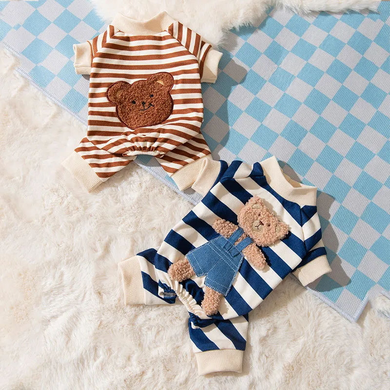 Pet Clothes Pet Striped Jumpsuit Spring Autumn Medium Small Dog Sweet Pajamas Cute Cartoon Pattern Kitten Puppy Shirt Poodle Maltes
