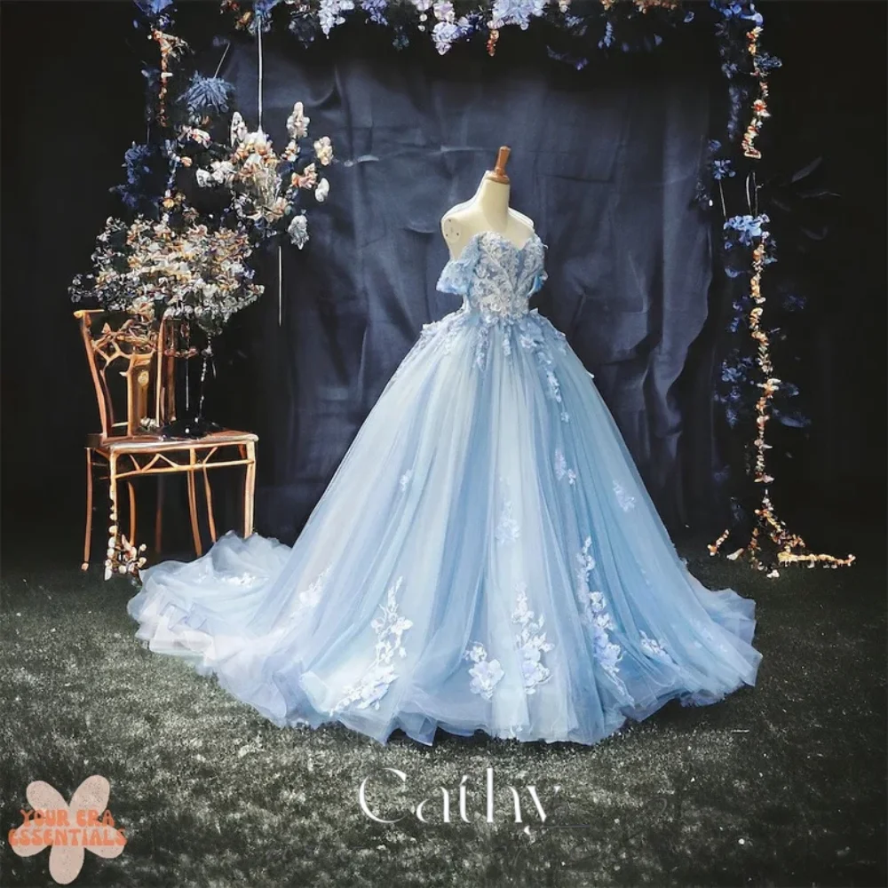 

Cathy Sky Blue Ball Gown Prom Dresses 3D Flower Lace Embroidery Evening Dress Lace-up Back Big Wide Skirt vestidos de fiesta
