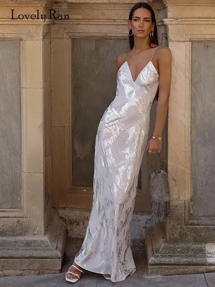 

Elegant Satin Printed Sling Maxi Dress Women Sexy V-necked Off Back Sleveless Dresses 2023 Summer Chic Party Evening Robe