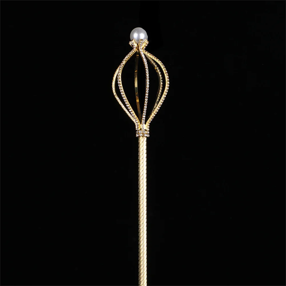 Shiny Scepter Wand Gold Color Tiaras and Crowns Crystal Sceptre King Queen Wedding Pageant Party Costumes Handheld Props Jewelry