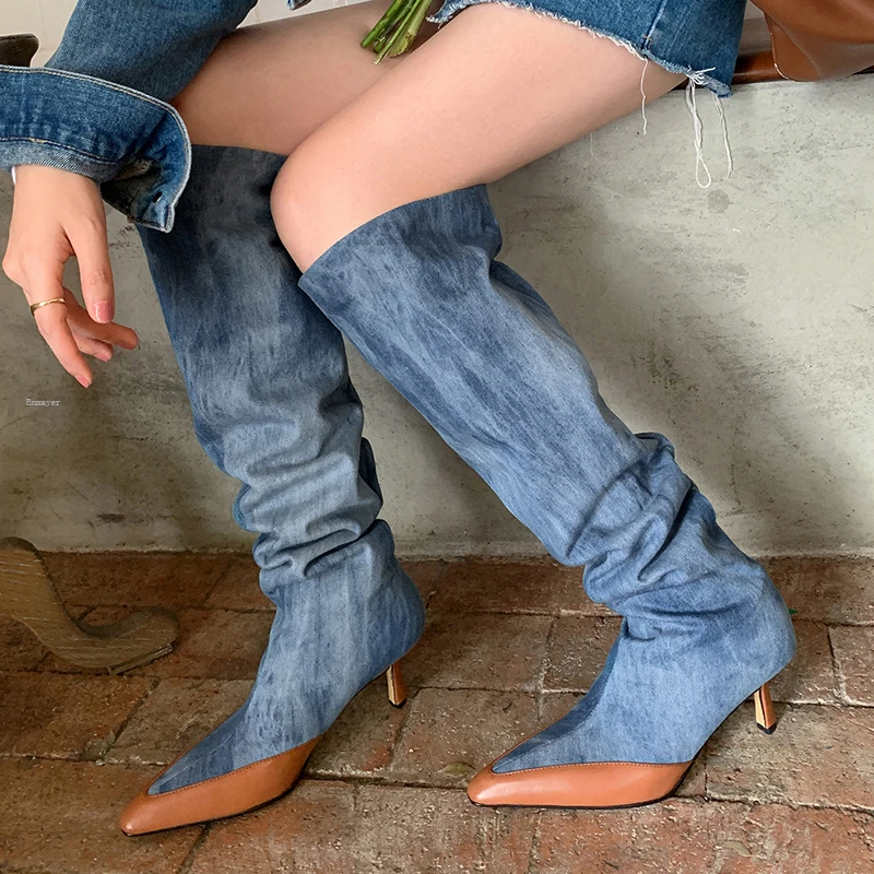 

Hot Fashion Denim Western Women Knee High Boots Fine with High Heel Cowboy Boots Slip On Autumn Winter Woman Shoes Big Size42