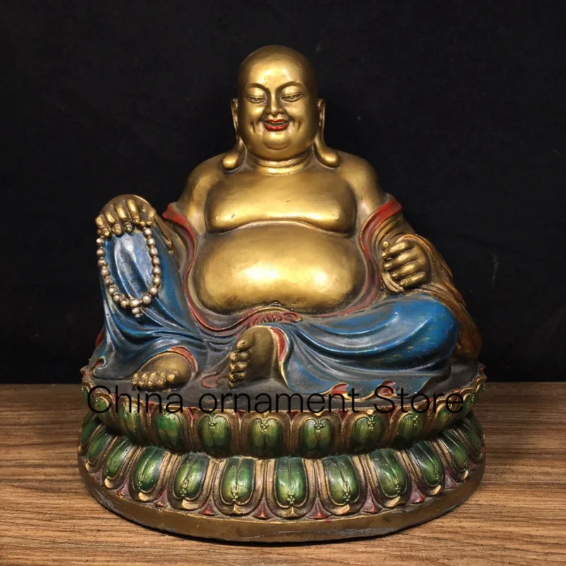 

22cm Pure copper colored painting of Maitreya Buddha with a big belly and a smiling face. Lotus Buddha statue with a big belly