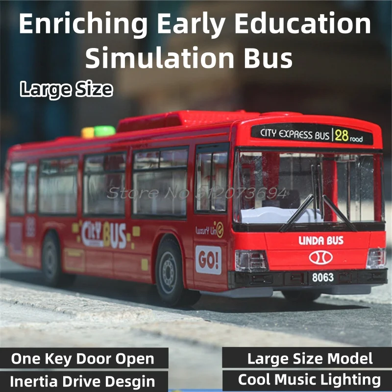 Enriching Early Education Simulation Bus One Key Door Open Inertia Drive Cool Music Lighting Large Size Doll Bus Kids Toy Model