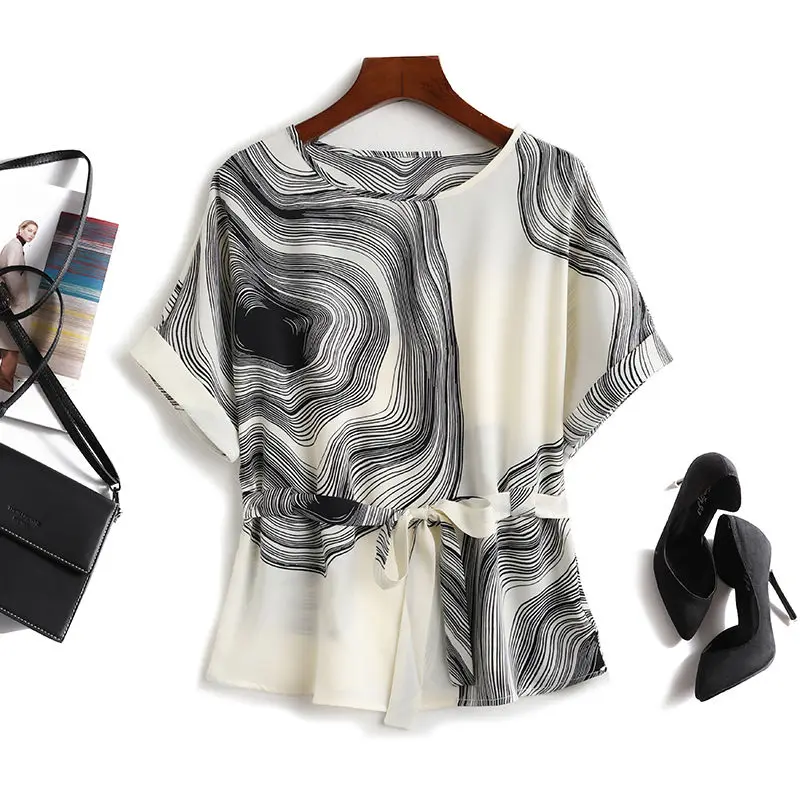 

Summer Elegant Fashion Artistic Folk Chic Shirt Women Vintage Geometric Round Collar Short Sleeve Drawstring Loose Casual Top