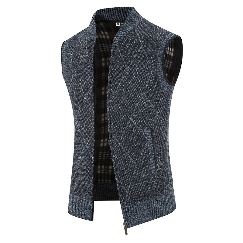 Men's winter warm vest with plush and thick waistcoat, standing collar, sleeveless sweater, knitted cardigan, shoulder vest