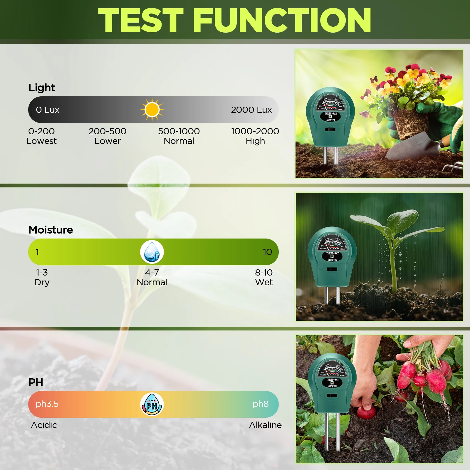 3 in 1 Soil pH Tester Sunlight PH Tester Garden Flowers Soil Moisture Sensor Meter Plants Acidity Humidity PH Monitor Detector soil moisture sensor,soil tester