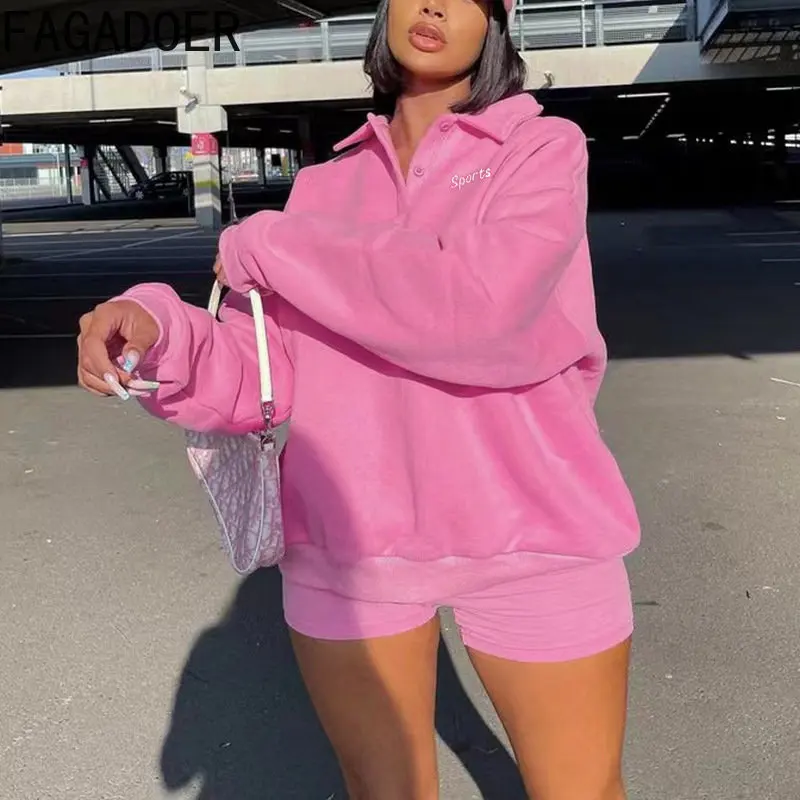

FAGADOER Fashion Letter Embroidery Two Piece Sets Fall Women Outfits Casual V Neck Long Sleeve Pullover + Shorts Tracksuits 2022