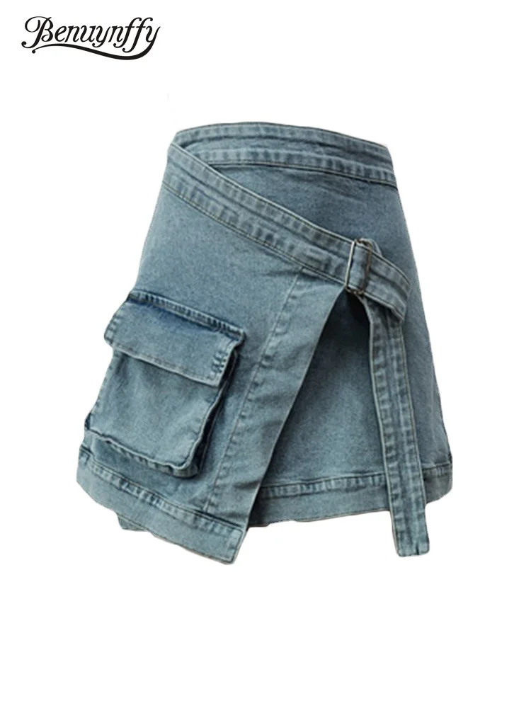 

Benuynffy New Cargo Jean Mini Skirts Women Streetwear Y2k Belted Wrap A-Line Skirts Ladies Fashion Vintage Zipper Denim Skirt