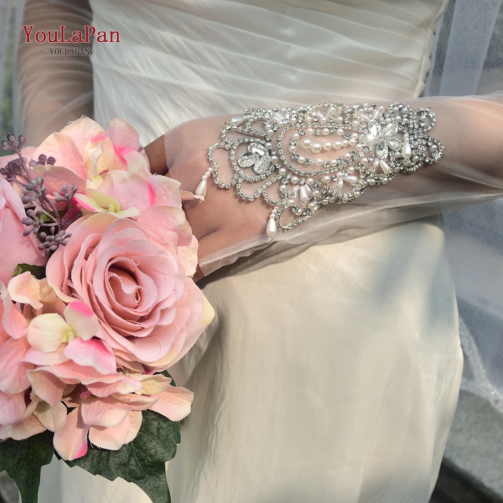 

YouLaPan Sparking Bride Sleeve Fingerless Women Glove Crystal Diamond Pearl Embroidery Bachelorette Party Accessory VM29