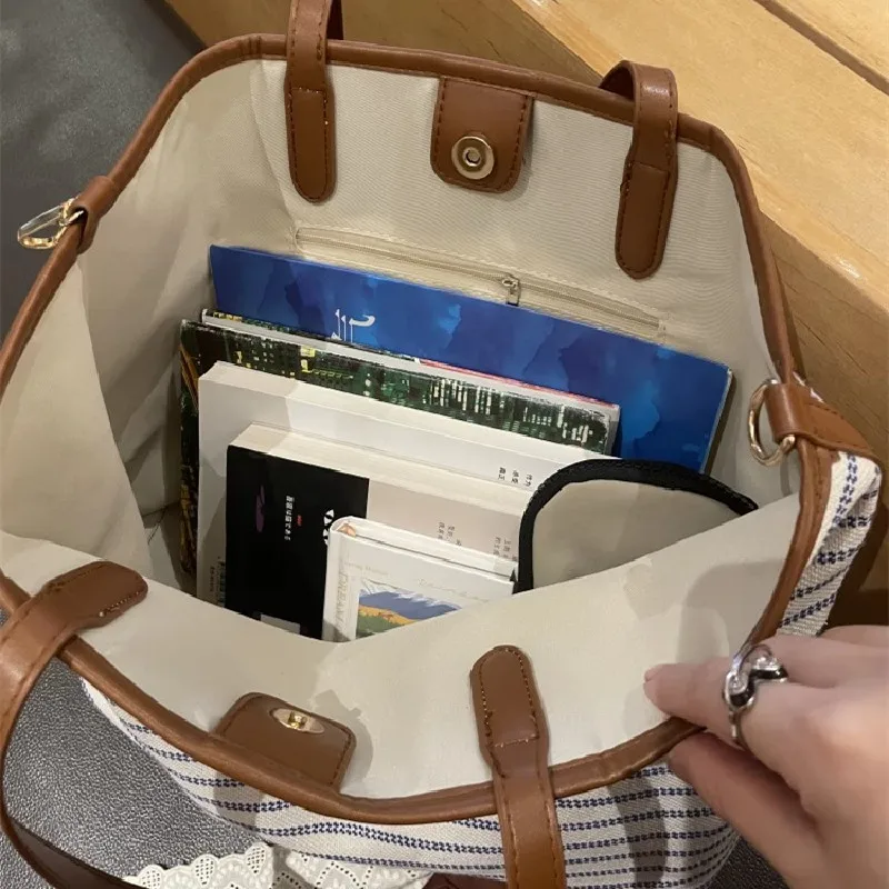 stripe Print Canvas Tote Bag Large Capacity Fashion Shoulder Crossbody Bag for School Work Shopping Retro Tote Handbag