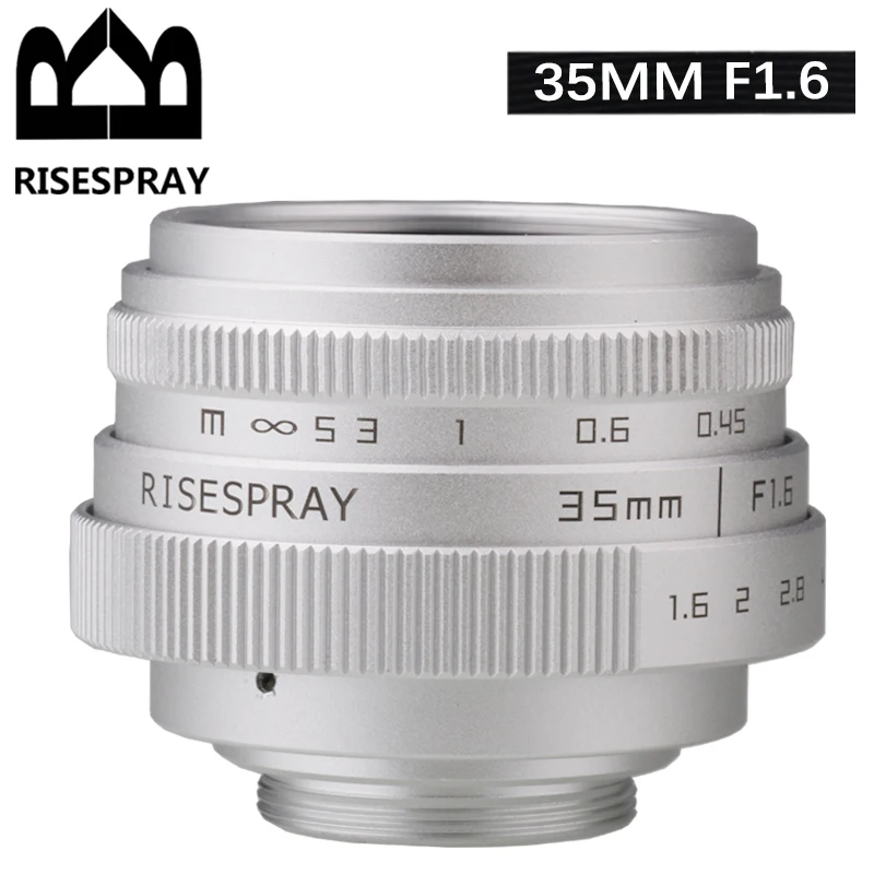 Camera Lens Silver Mini 35mm f/1.6 APS-C CCTV + adapter ring for Panasonic/Olympus Micro 4/3 Sony E A6600 6500 Canon EOS-M M50 Fujifilm