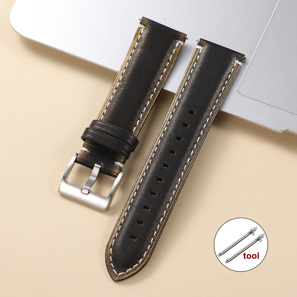 Vintage Brown Oil Wax Leather Watch Strap with Quick Release Pin Buckle