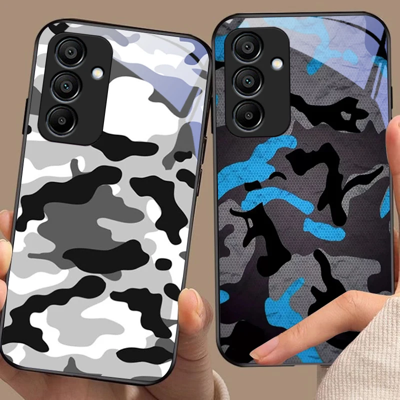 Camouflage Blue Black Tempered Glass Phone Case