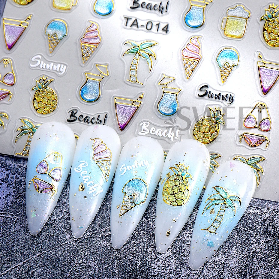5D Bronzing Beach Coconuts Tree Summer Nail Art Stickers Gold Ice Cream Nail Decals Self Adhesive Nail Sliders Manicure Decor