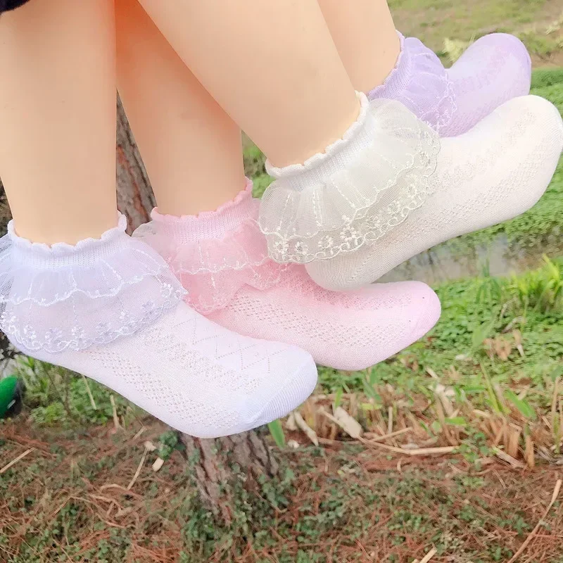 Spring Summer Breathable Cotton Lace Ruffle Princess Cute Thin Mesh Socks Children Ankle Short Sock Solid White Baby Girls Kids