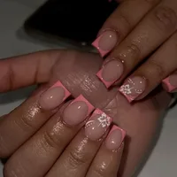 Faux ongles de Style français rose, fleur blanche imprimée, tête carrée courte, à pression, simples, portables, artificiels, Art, 24 pièces 1