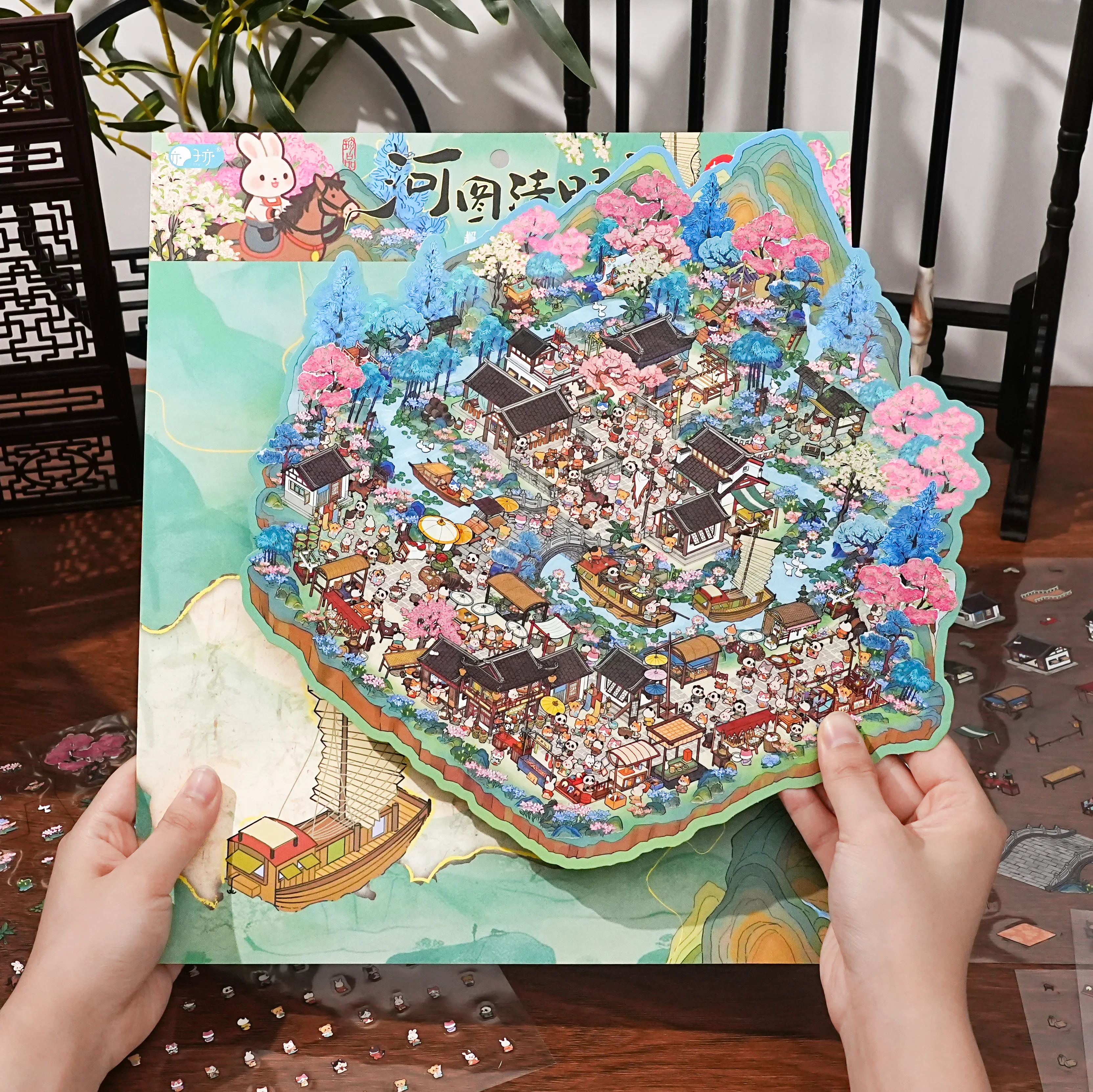 초대형 중국 스타일의 강 풍경 청명 풍경 장식 스티커, 창의적인 스트레스 해소 콜라주 스티커, 미니어처 장면 플래너 스티커