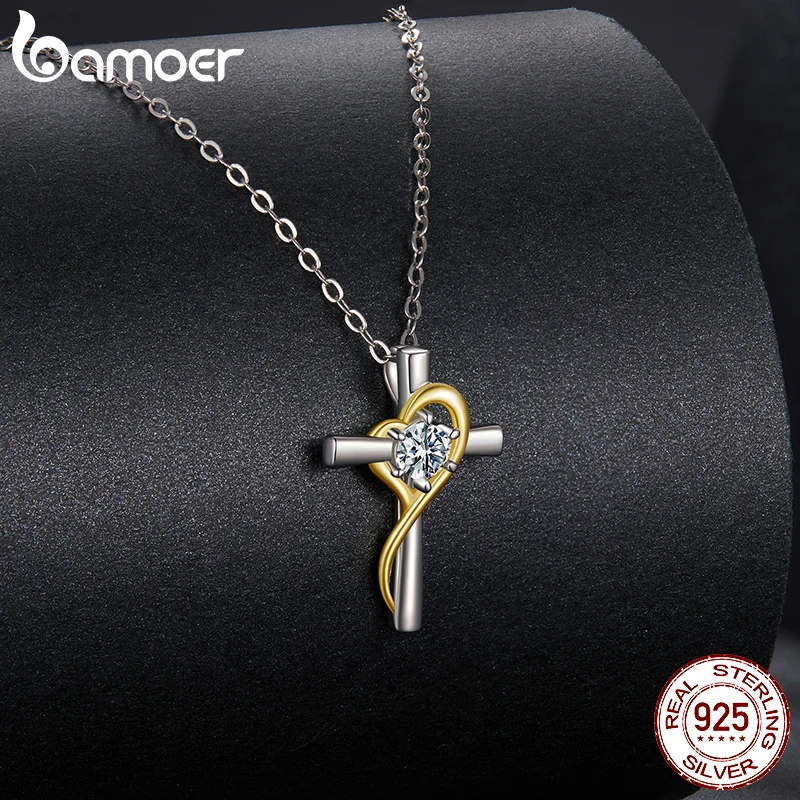 Moissanite Two-Tone Stainless Silver & Gold Cross Necklace - Image 4