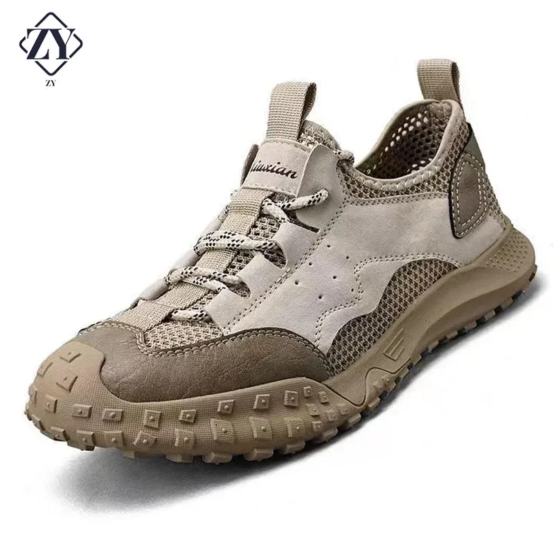 

Summer Breathable Men Hiking Shoes Genuine Leather + Mesh Outdoor Men Sneakers Climbing Sport Anti-collision shoes