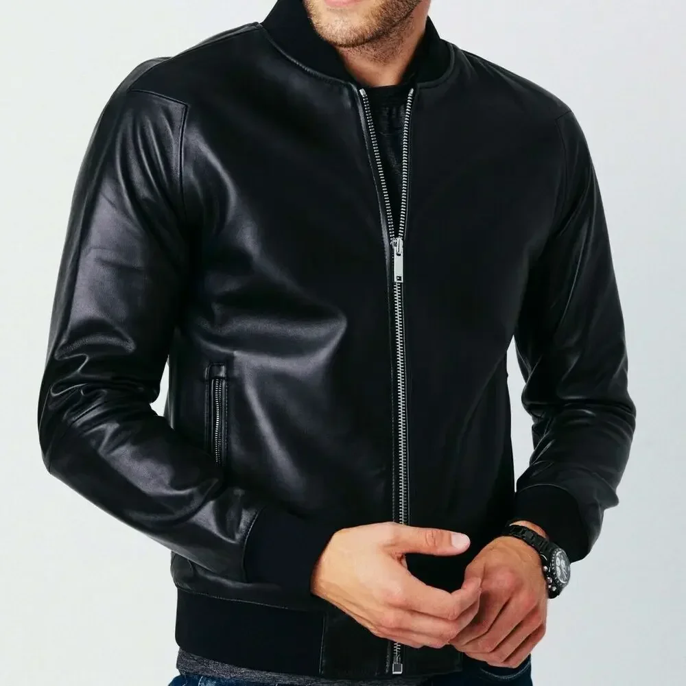 

Stylish Jacket Genuine Lambskin Outerwear Leather Slim Bomber Jacket for Men