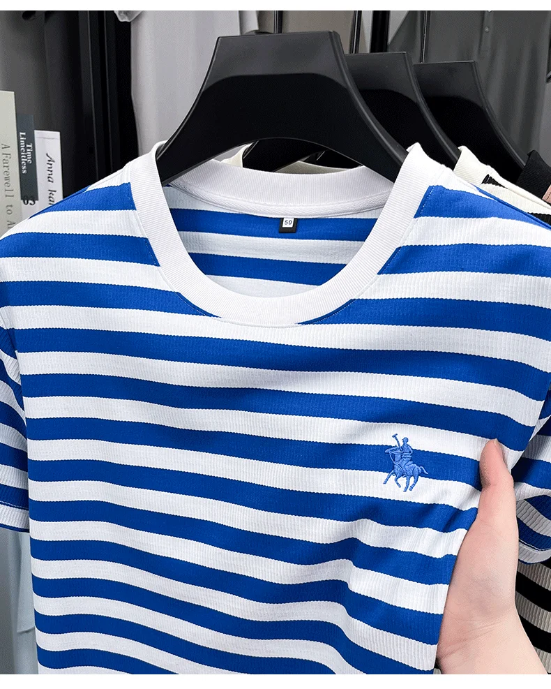 High-End-Herren-Kurzarm-T-Shirt der Modemarke Paul Pony, besticktes, sommerliches, bequemes, lässiges, klassisches, gestreiftes Rundhals-Top – Detail 10