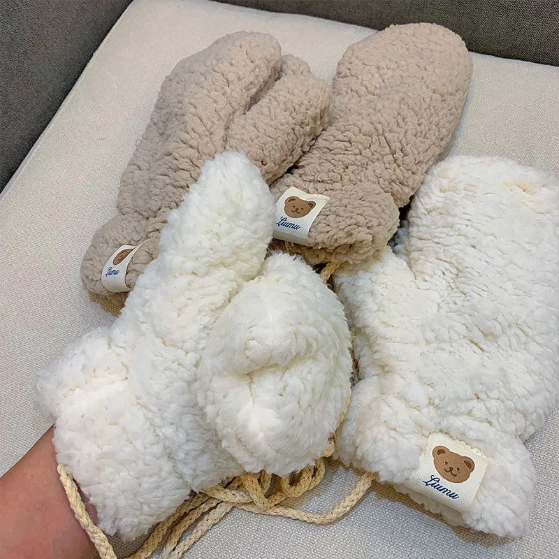 Autumn Winter Kawaii Bear Sticker Label Gloves Girls Korean Cute Casual Outdoor Riding Mittens Thickened Warm Coldproof Glove