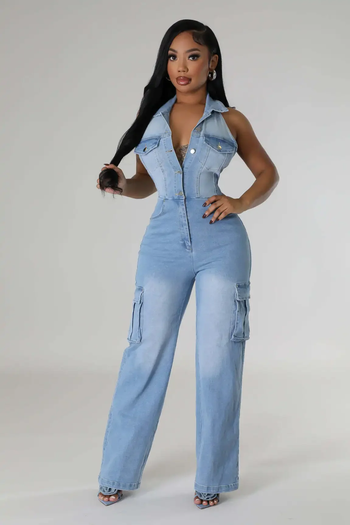Women V-neck Sleeveless Pockets Cargo Wide Leg Denim Jumpsuits Washed Oufits Street One Piece Rompers 2024 Summer