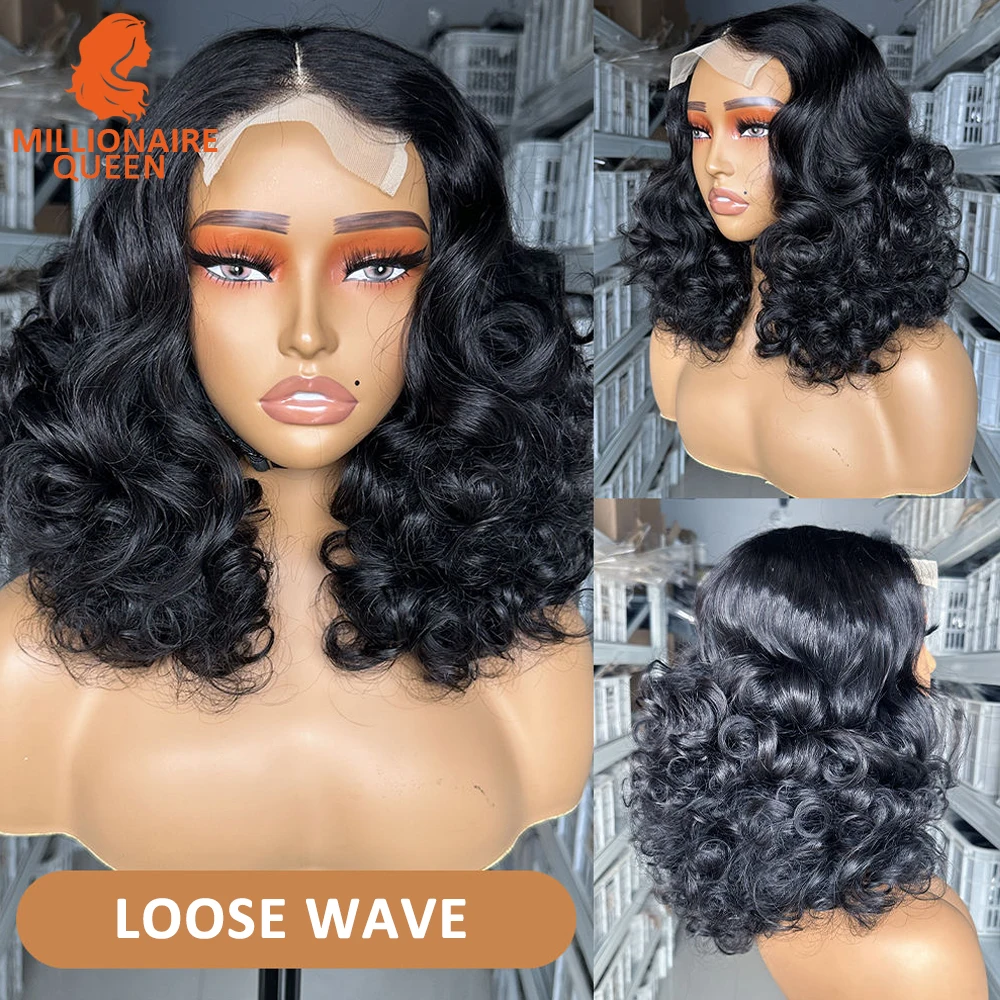 Bouncy Loose Wave Super Double Drawn Vietname Hair 4x4 Bob Wig with Human Hair Nature Black 250% Density for Black Women