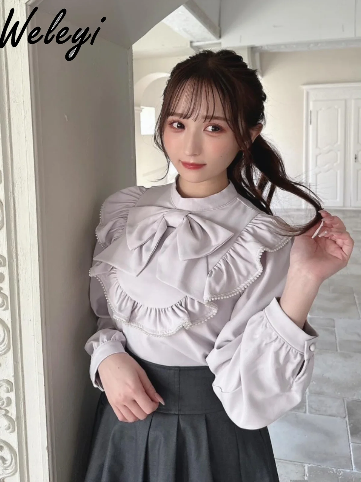 

Jirai Kei Y2k Big Bowknot Shirt Women's 2024 Summer Wear Mass Produced Gentle and All Match Stand Collar Ruffle Long Sleeve Tops