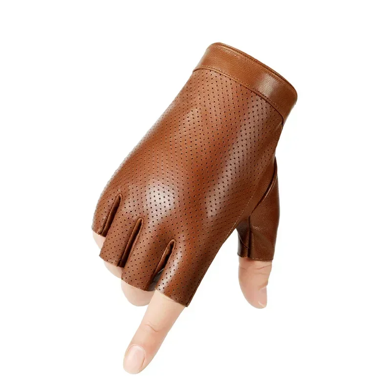 Fingerless Gloves Mens Sheepskin Half Finger Driving for Fitness Breathable Leather Sports Motorcycle