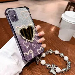Glitter Love Heart Makeup Mirror Phone Case with Airbag Wrist Strap for Moto G30 (Purple)