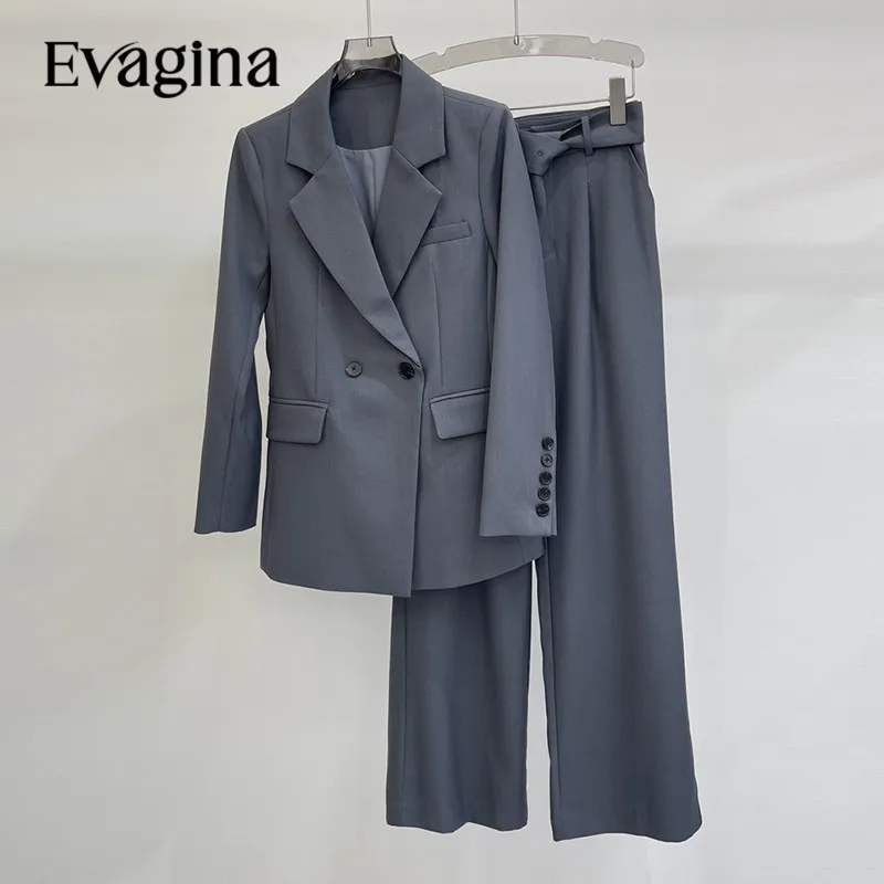 

Evagina New Fashion Runway Suit Designer Women's Notched Collar Double-Breasted Formal Blazer Tops+Belt Trousers 2pcs Set