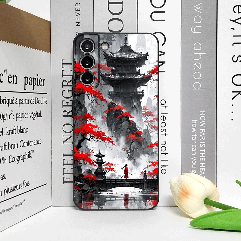 Ink Art Print Japanese Mountain Landscape Shockproof Silicone Phone Case