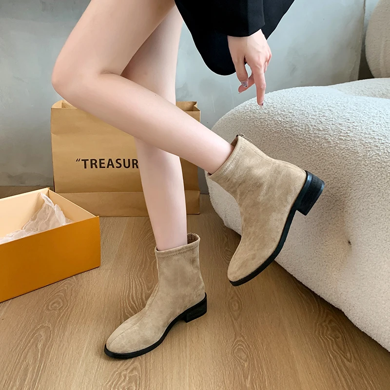 Aphixta Concise Ladies Cloth Ankle Boots 3cm Square Heel Pointed Toe Women Modern Boots Shoes For Woman Back Zipper Boats Size42