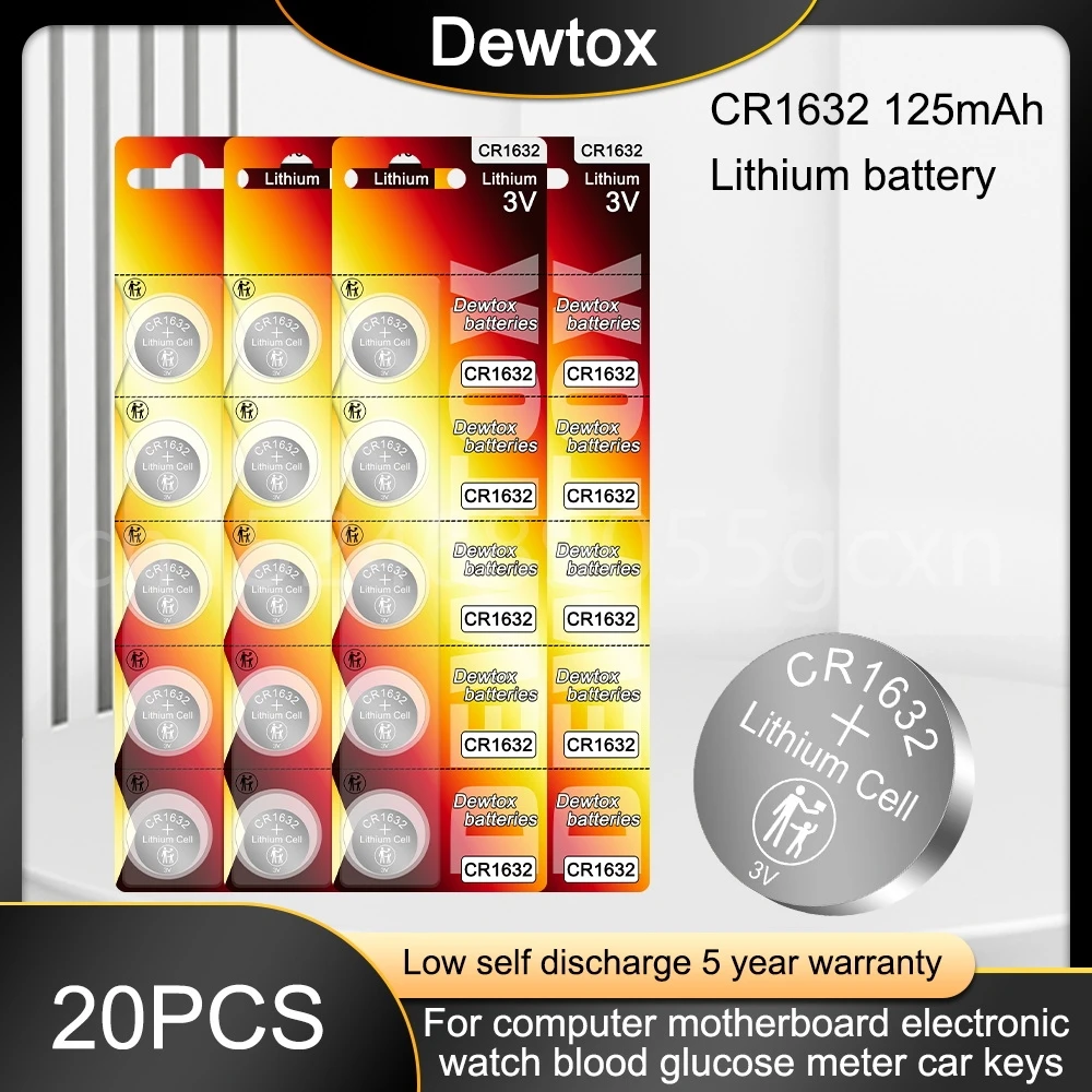 

20PCS 125mAh CR1632 1632 DL1632 BR1632 3V Lithium Batteries Cell Button Coin Battery for Watch Remote Control Scale