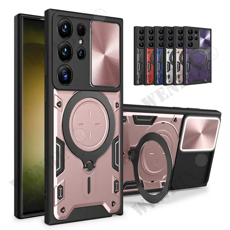 

Case For Samsung S24 S23 S22 Ultra Plus S21 FE A54 A14 A24 A13 Magnetic rotating sliding camera 360 Rotate Kickstand Case Cover