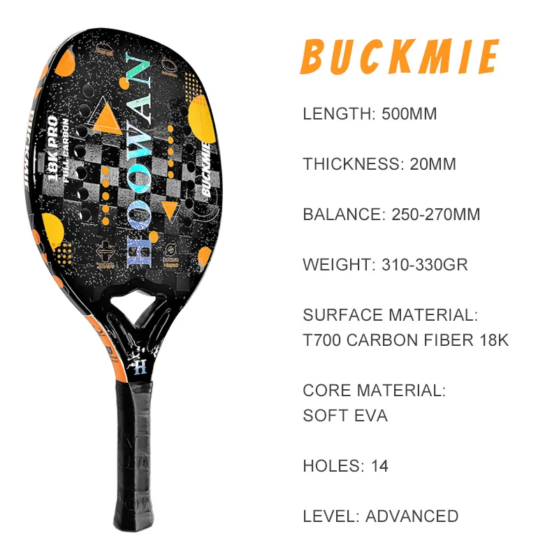 Tennis Racket HOOWAN BUCKMIE Beach T700 Raw Carbon Fiber 18K High-Grit Surface 20MM Soft EVA Core