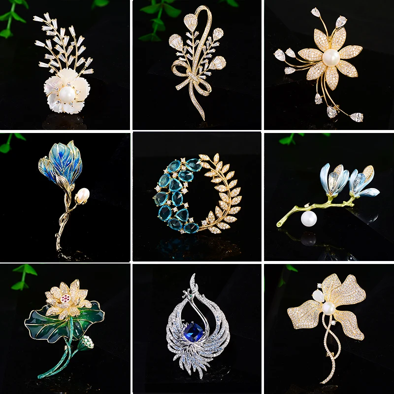 

Trend Enamel Lotus Leaf Brooch Micro Inlaid Zircon Freshwater Pearl Flower Broochpins for Family Coat Corsage Accessories