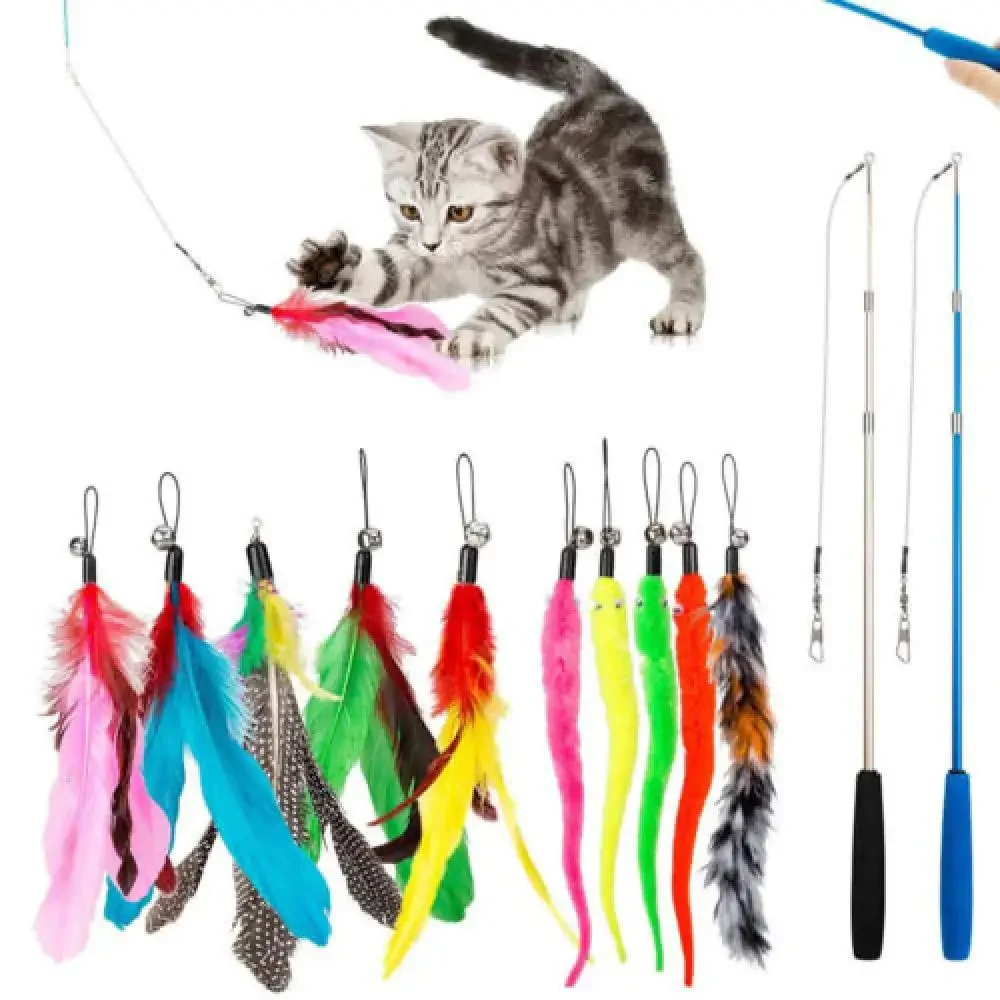 Cat Teaser Toy 12Pcs Replacement Cat Feather Toy Set Cat Teaser Wand Toy for Kitten Interactive Training Playing Stick Supplies