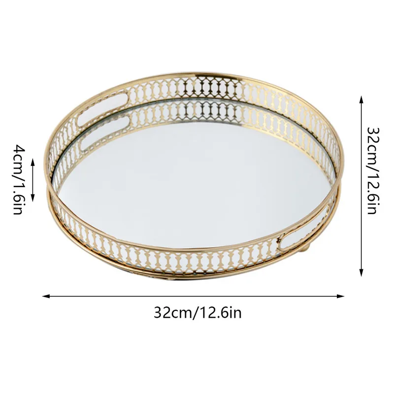 Round Metal Desktop Tray Golden w/ Mirror Glass Base Desktop Decor Perfume Jewelry Storage Party Cakes Fruit Serving Tray 6